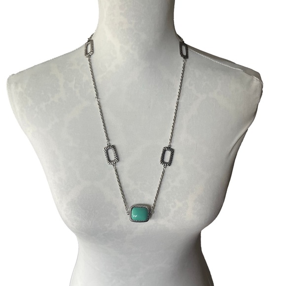 Silver Tone Long Station Necklace with Turquoise Square Pendant - Picture 5 of 5